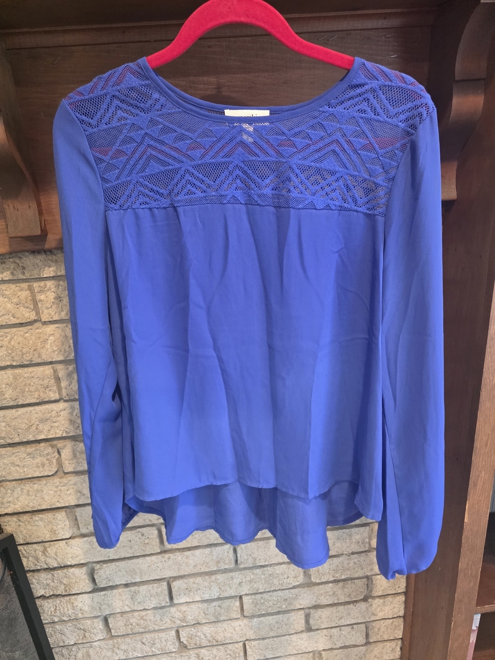 meraki Cobalt Blue Long-Sleeve Lace Yoke Blouse - Picture 2 of 4